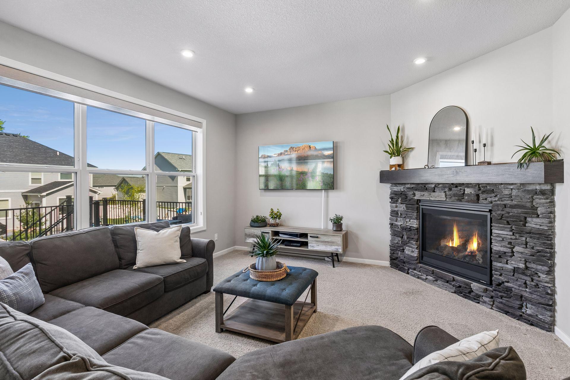 Stone fireplace in living/family room