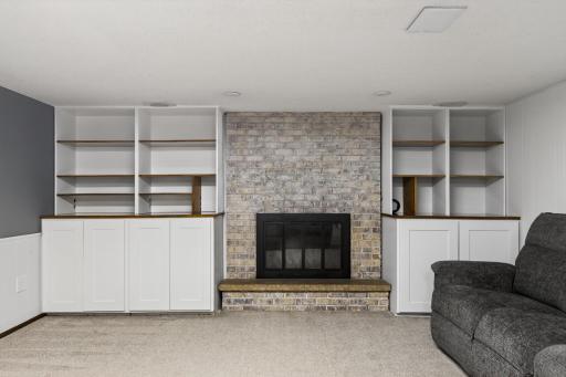 Great focal point with fireplace and bookshelves