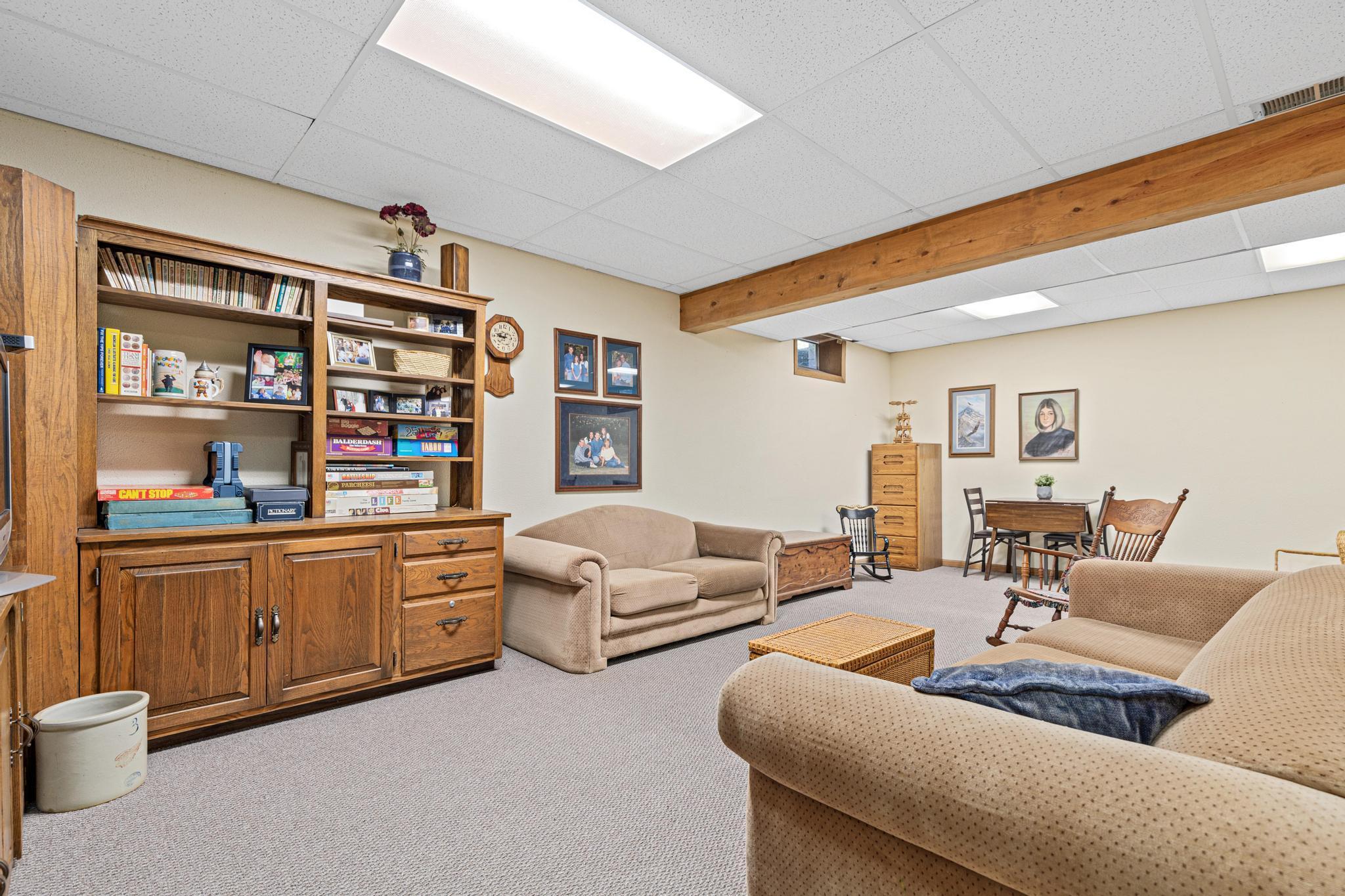 Finished lower-level family room perfect for movie nights, games, or entertaining.