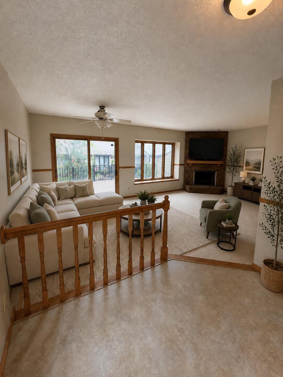 Main floor living room staged virtually to show furniture placement idea