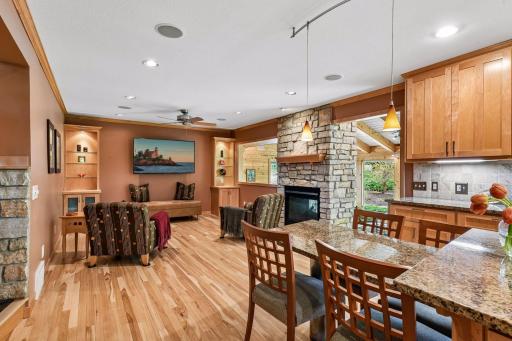 Open floor plan and see-through gas fireplace.