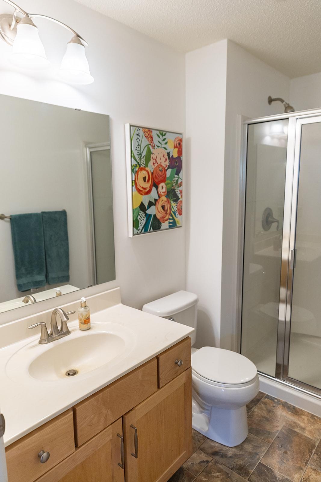 3/4 bath, lower level, near bedroom 5.