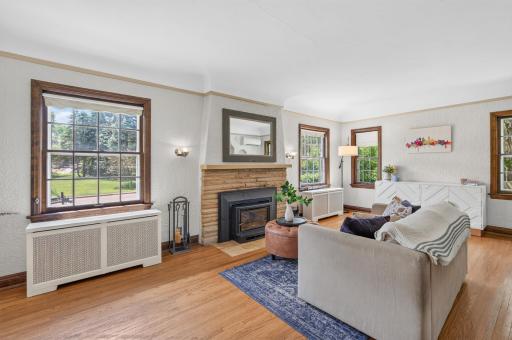 Stunning wood burning fireplace as the focal point