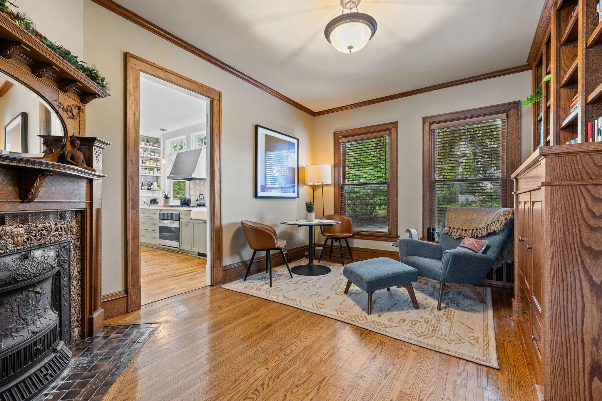 Cozy den with built-ins.