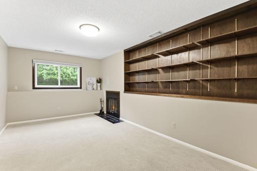 Downstairs- wonderful spaces. Large family room- FIREPLACE (although it has never been used by the current owner). Nice built-in shelving. The previous owner used this as a FOURTH BEDROOM.