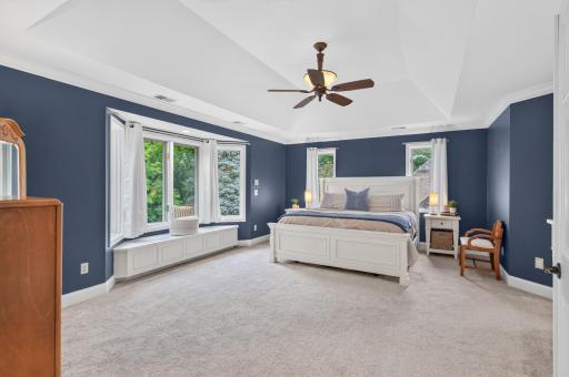 Primary Ceiling with bay window over bench seat, detailed ceiling and entrance to spa-style bathroom