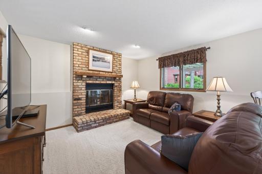 Lower level family room with wood fireplace