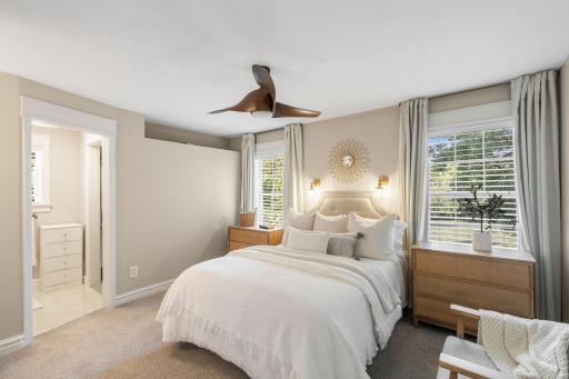 Upstairs, youâll find four comfortable bedrooms, including a spacious primary suite with carpeting, ceiling fan, walk-in closet, and private Â¾ bathroom.