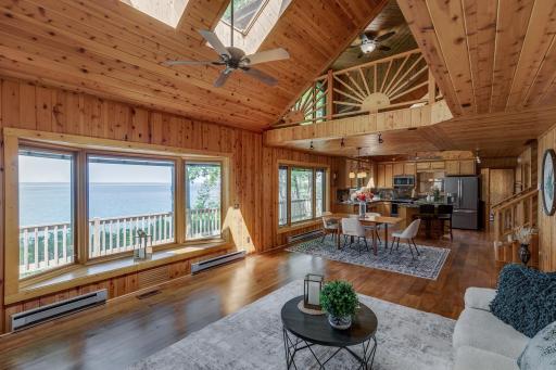 Open concept kitchen, dining and family room with gorgeous lake views!