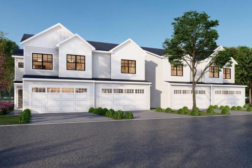 Townhome Exterior - White Siding with Black Accents and Black Windows