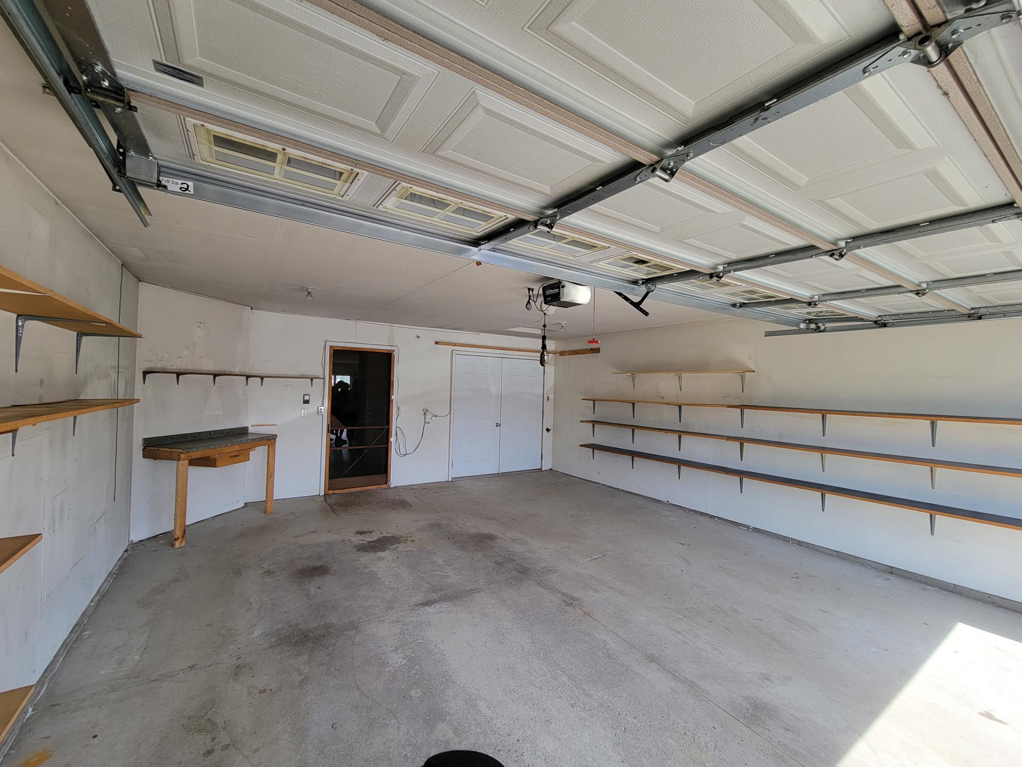 2 stall garage with shelves