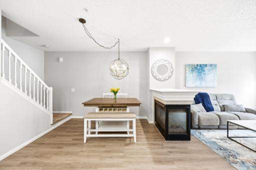 Double sided fireplace, visually separating living room and dining