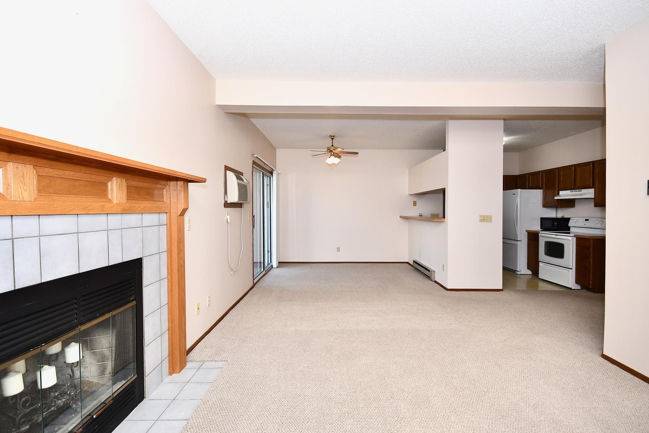 living room wood burning fireplace