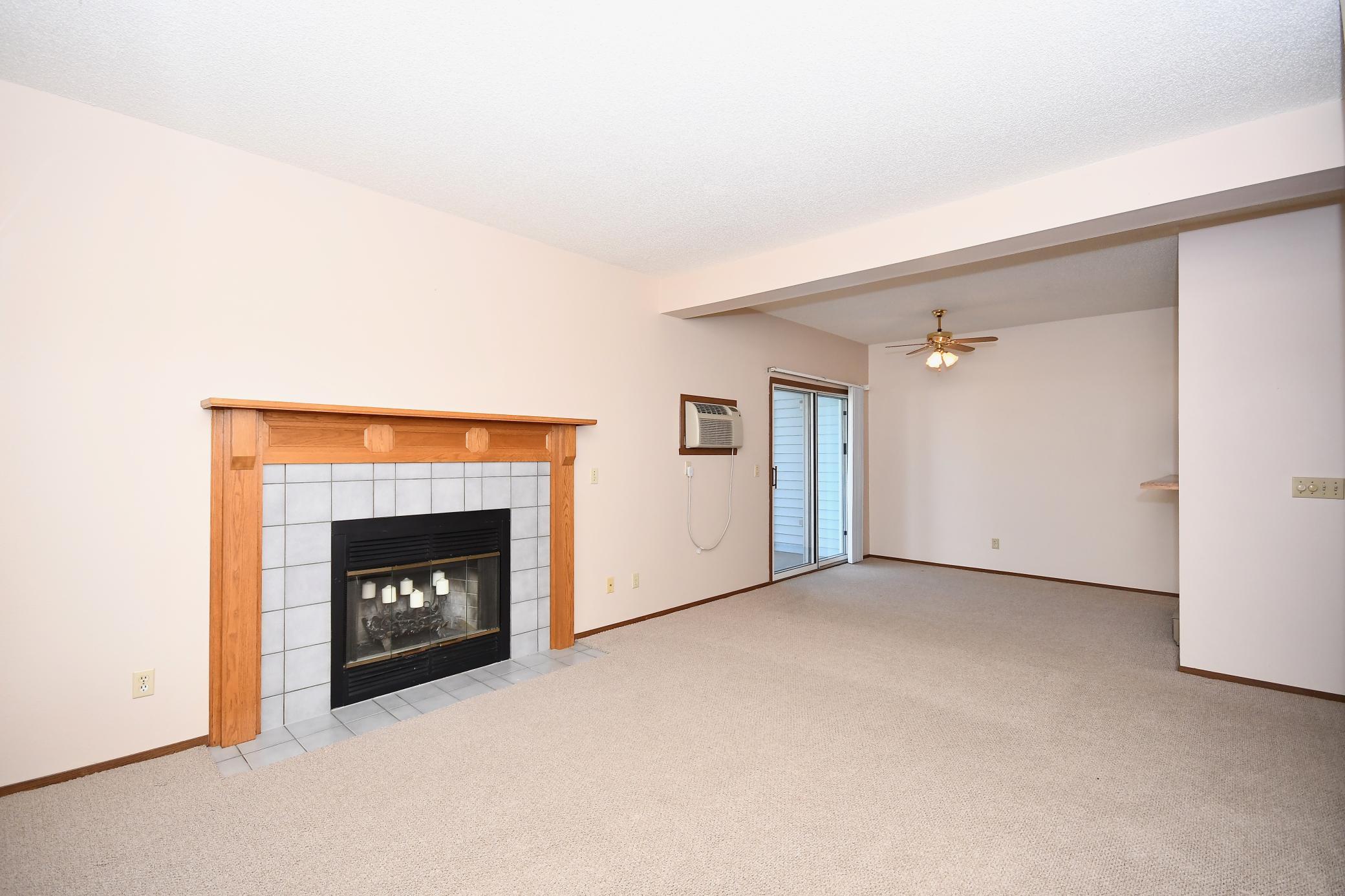living room wood burning fireplace
