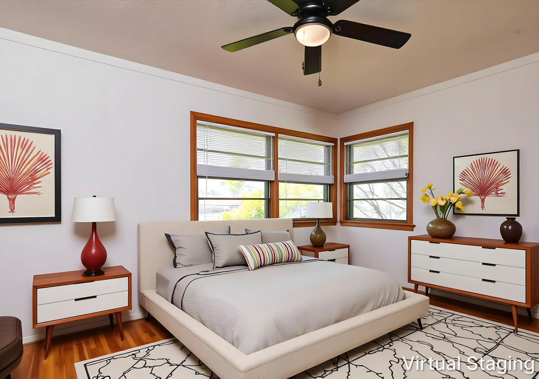 Another view of one of the three main floor bedrooms with corner windows.