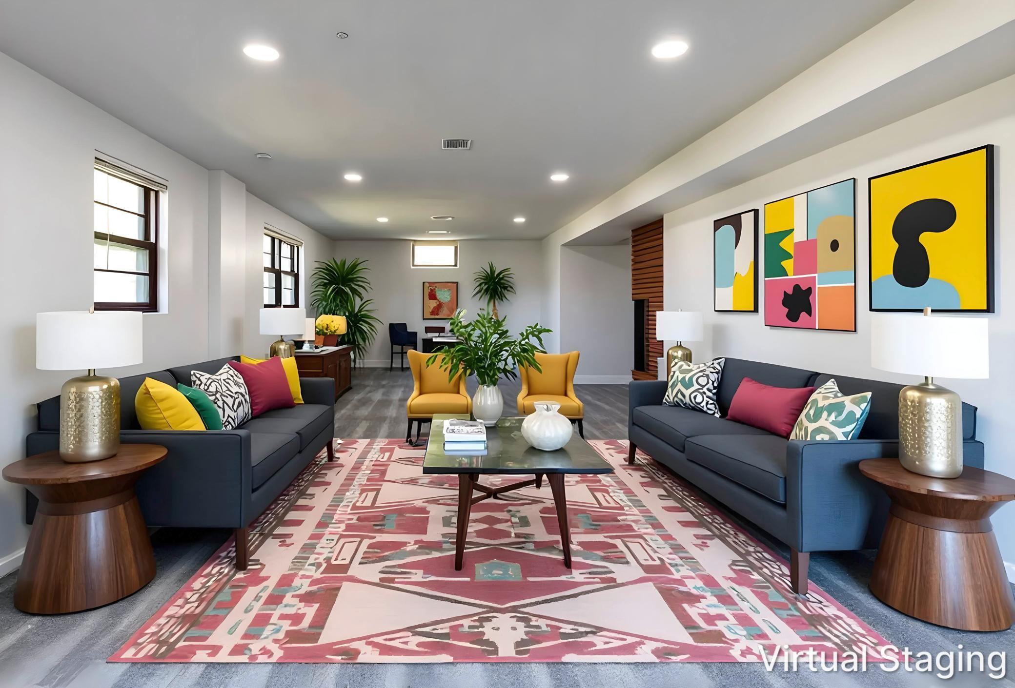 Virtual staging in the lower level helps to visualize how you could utilize this space.