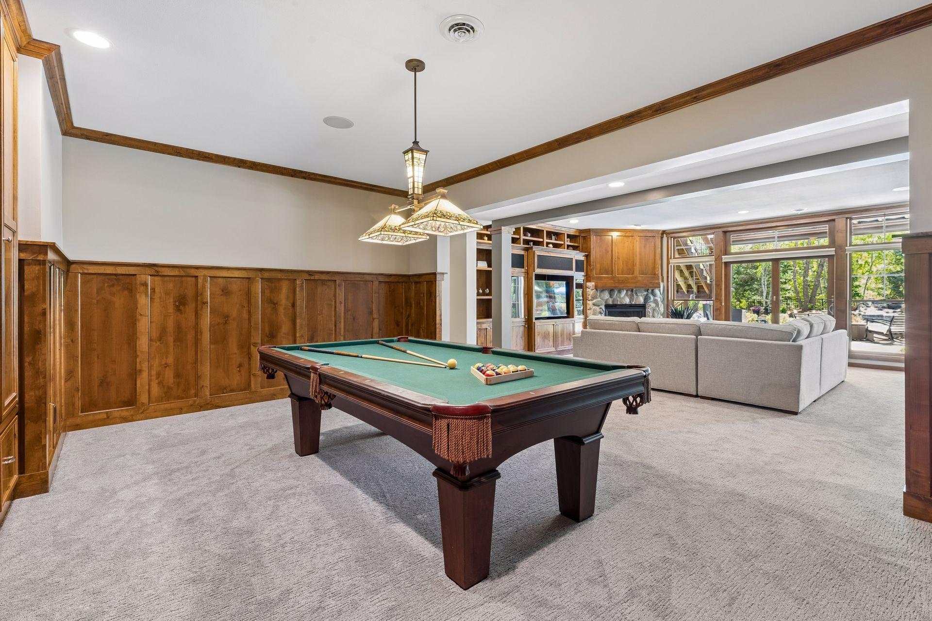 This view shows the open layout of the lower-level family/entertainment area.