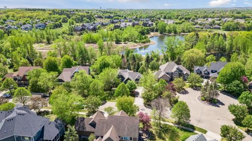 This aerial view shows the layout of the home in the neighborhood.