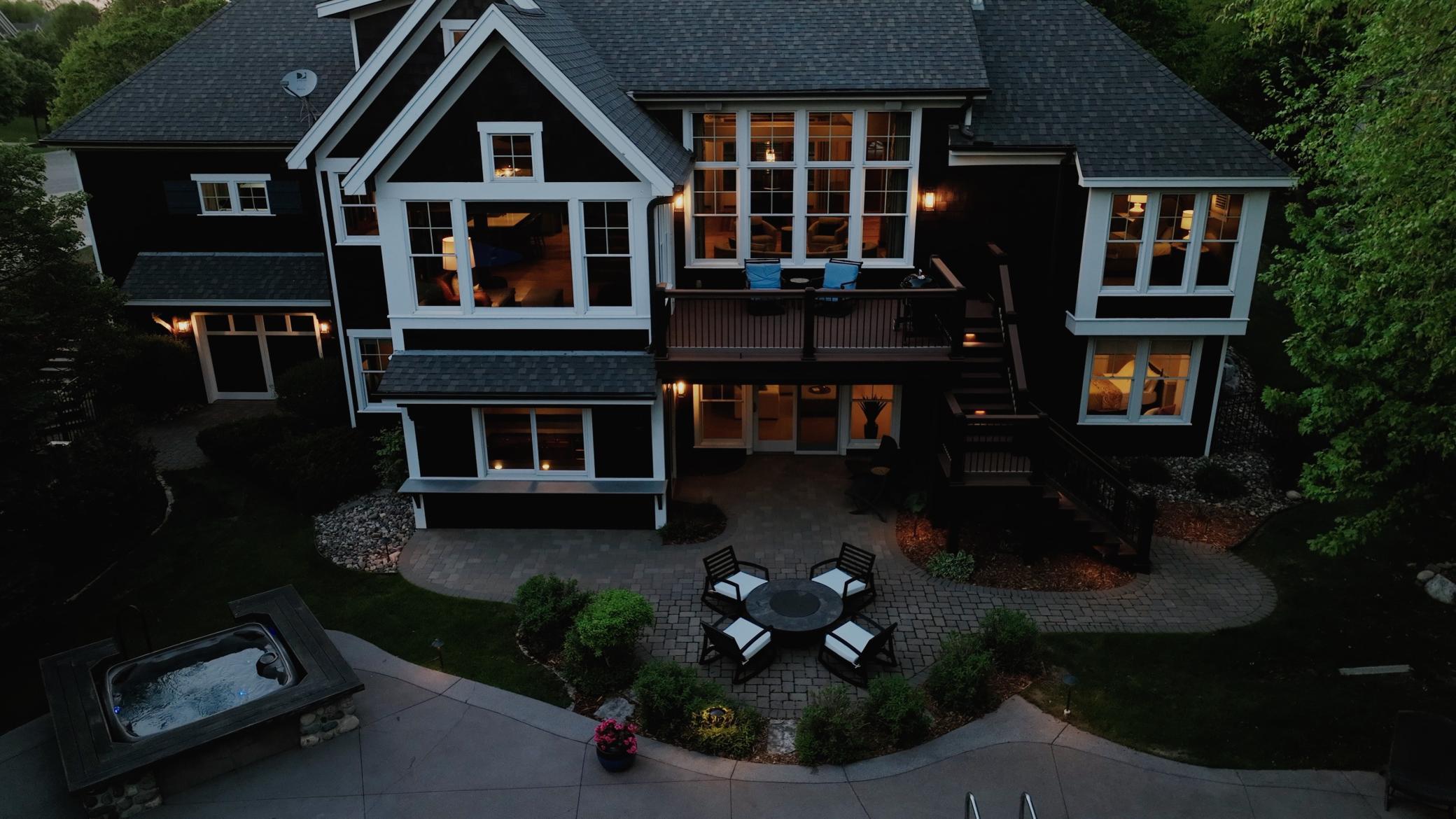 Aerial dusk view of the home.