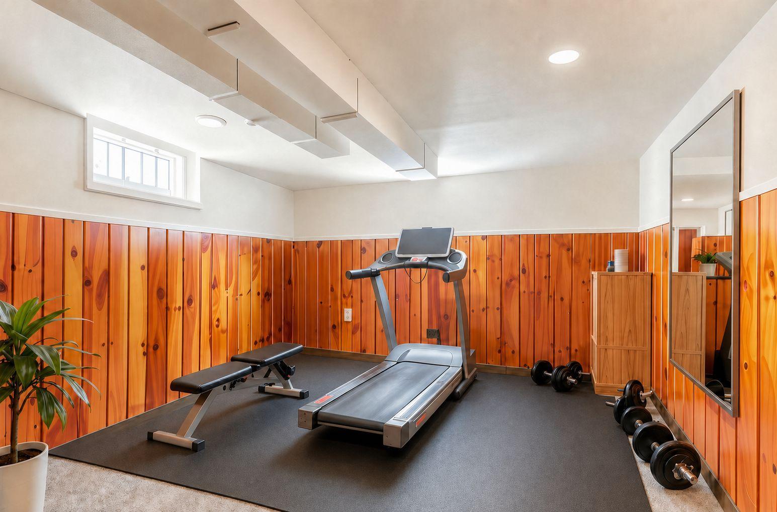 Same bonus room is virtually staged as a fitness room.