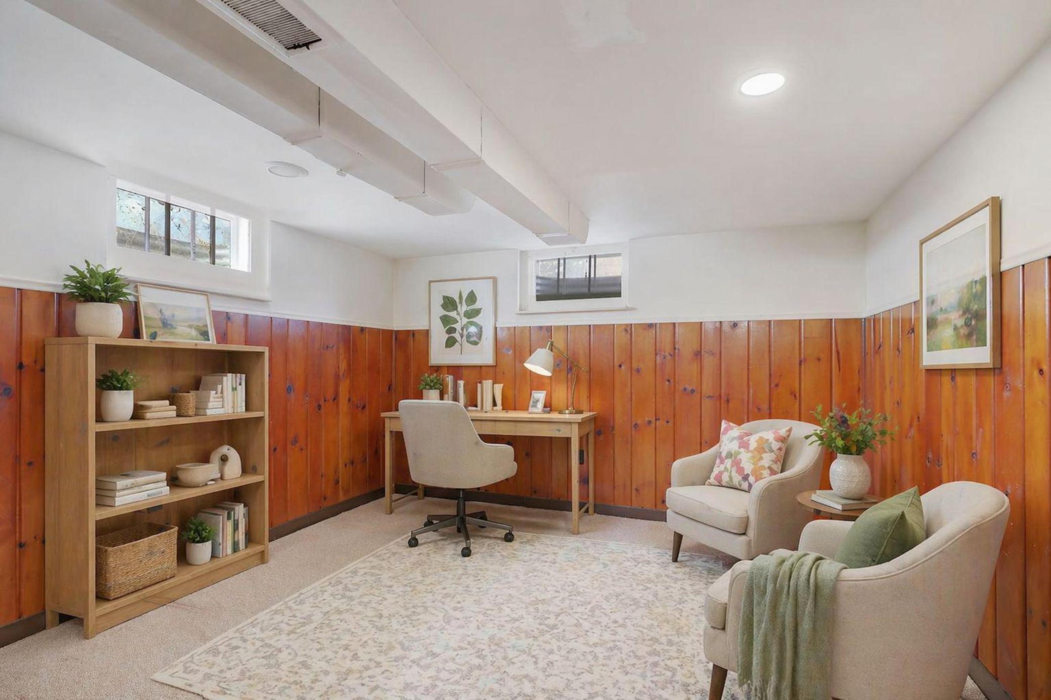 Bonus room at lower level is virtually staged as a private home office.