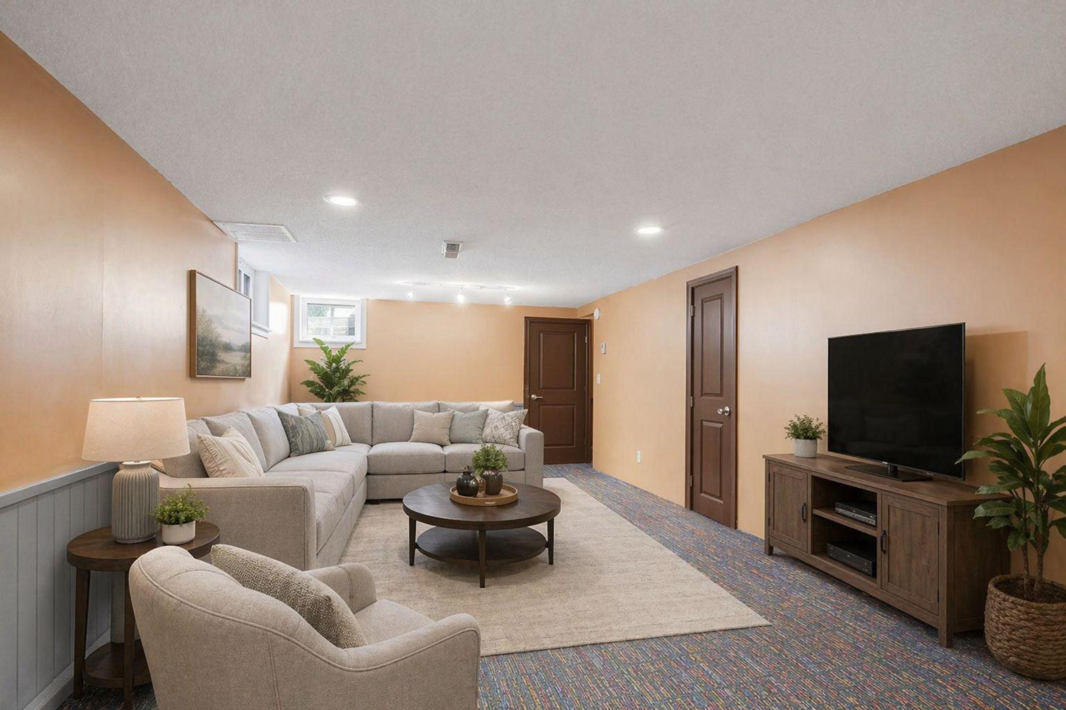 Family room in lower level is virtually staged.