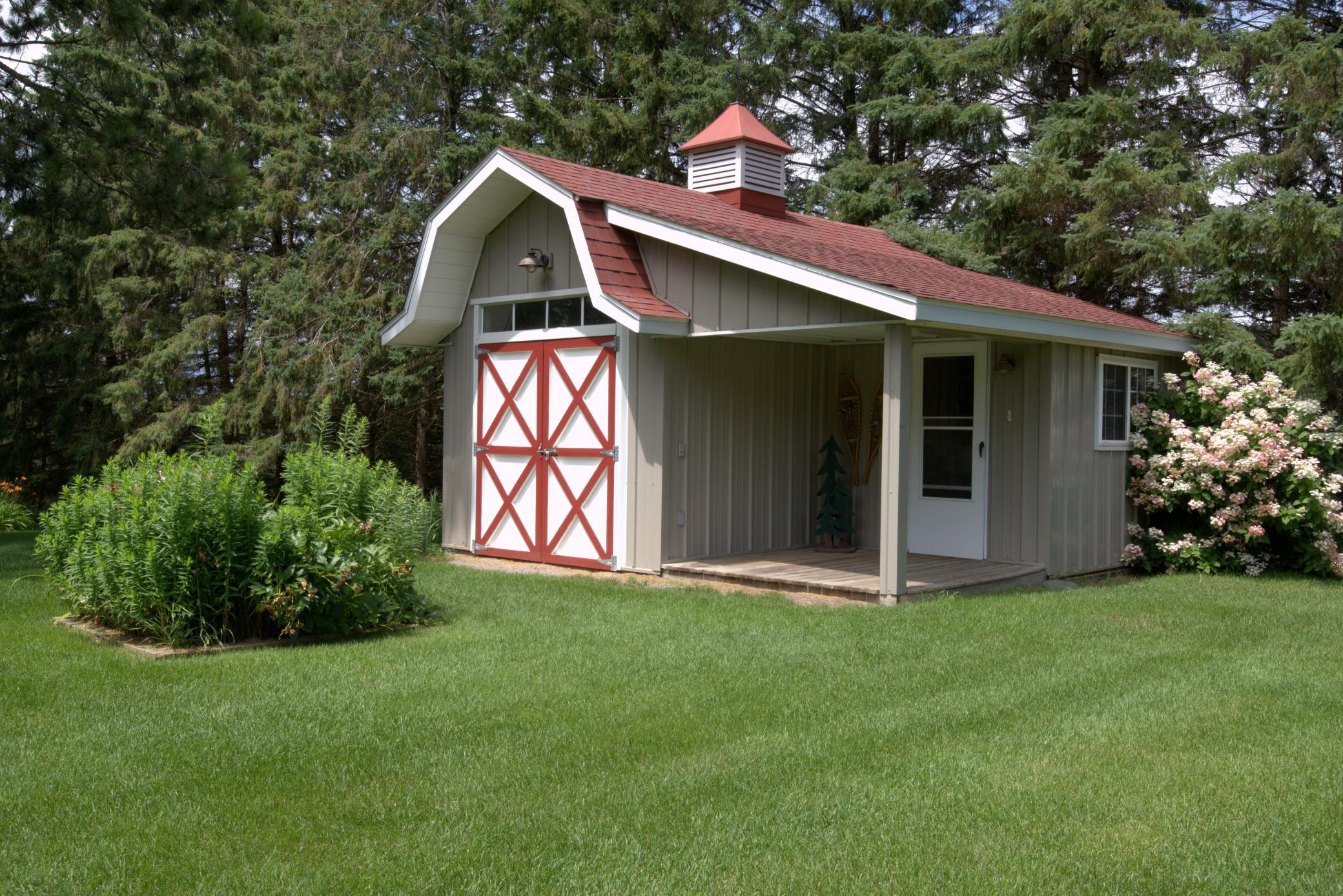 A garden storage shed with potting area