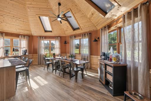 Custom knotty pine vaulted dining room
