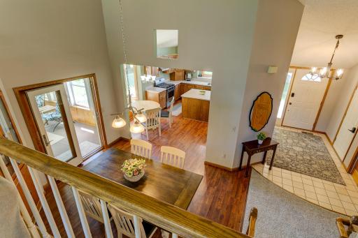 View of main level from upstairs highlighting open feel