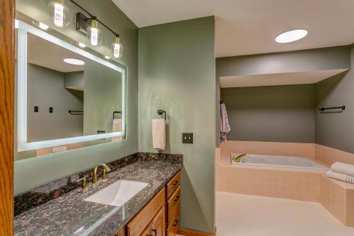 Main bath with soaking tub, shower, and stone countertops
