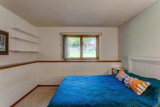 Lower level bedroom with shelving and walk-in closet