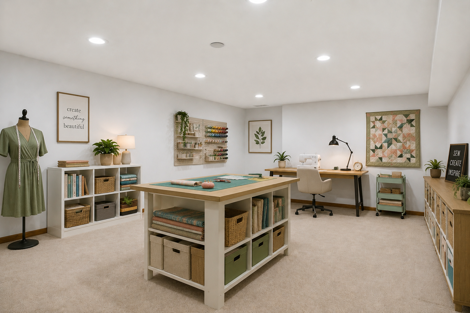 Virtually staged lower level bonus room as a sewing/craft space.
