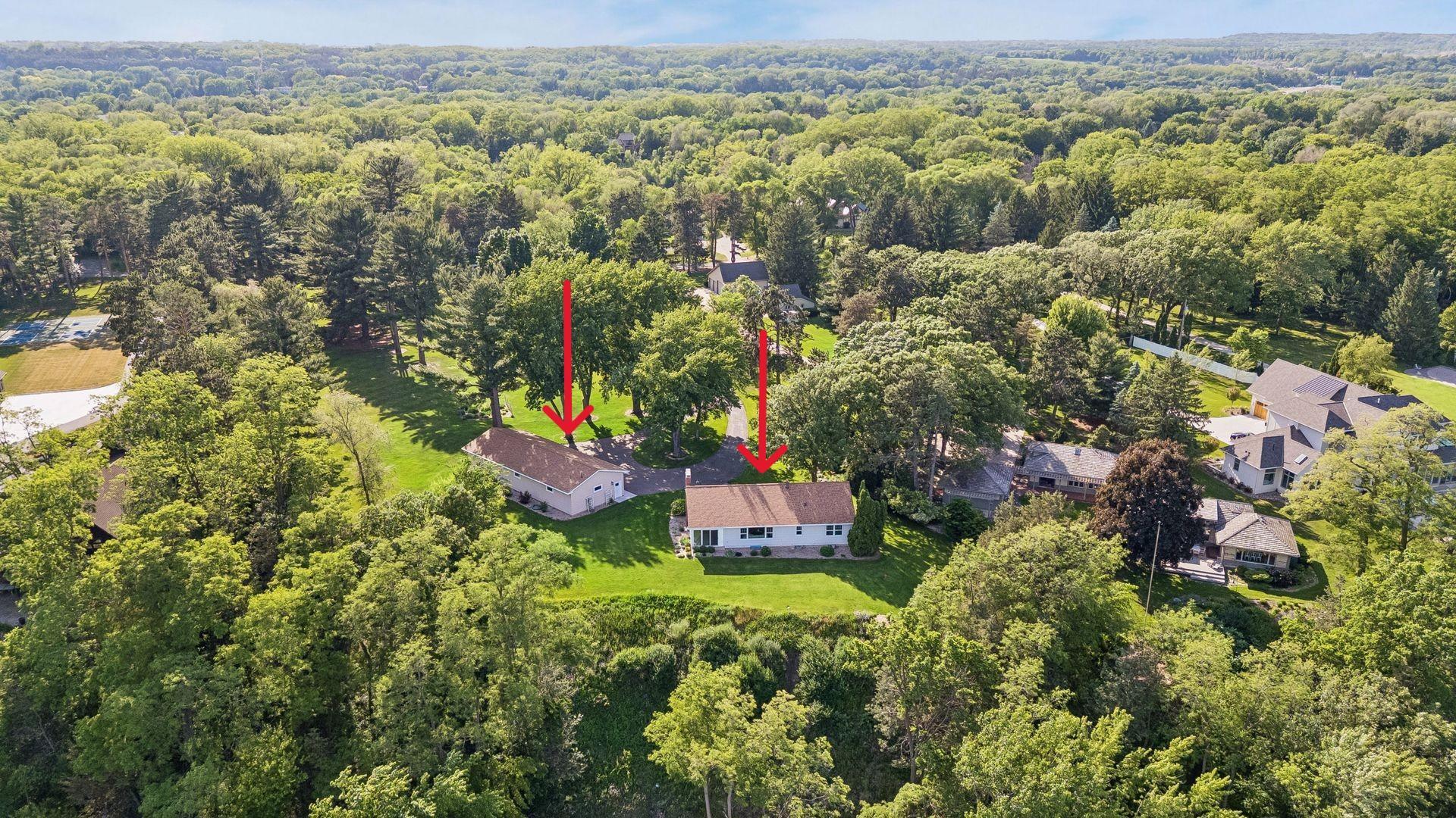 Aerial view of the house and garage.