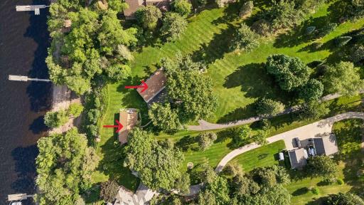 Overhead aerial showing the house, garage and the dock.