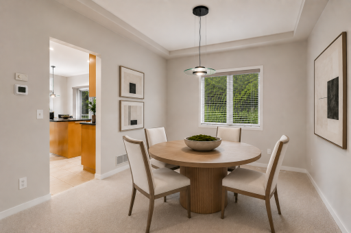 Virtually staged dining room. Elegant dining room with contemporary style and seamless connection to the kitchen.