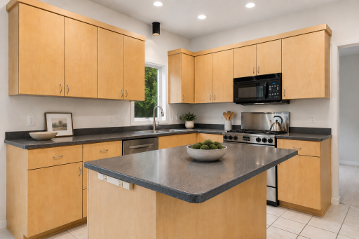 Virtually staged kitchen center island. Great prep space on the center island.
