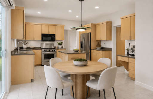 Virtually removed wallpaper & Staged. Open concept kitchen features sleek maple cabinetry, and eat-in kitchen.