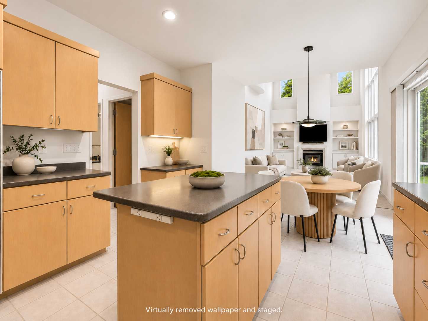 Virtual wallpaper removal kitchen to great room.