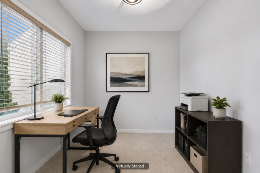 Virtually staged office. Privately tucked behind French doors the dedicated main-floor office is ideal for work-from-home.