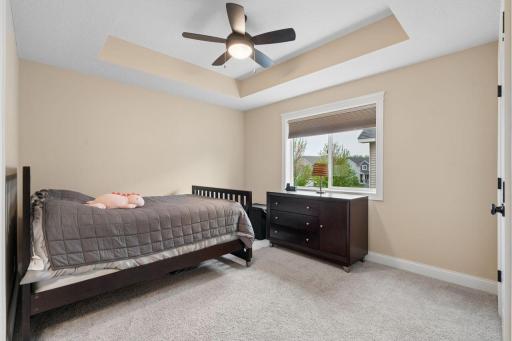 Spacious bedrooms with large closets connected by a jack and jill bathroom. All bedrooms on the upper level features tray ceilings.