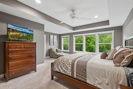 This primary suite is impressive complete with expansive windows to view the backyard, siting area, and tray ceilings.