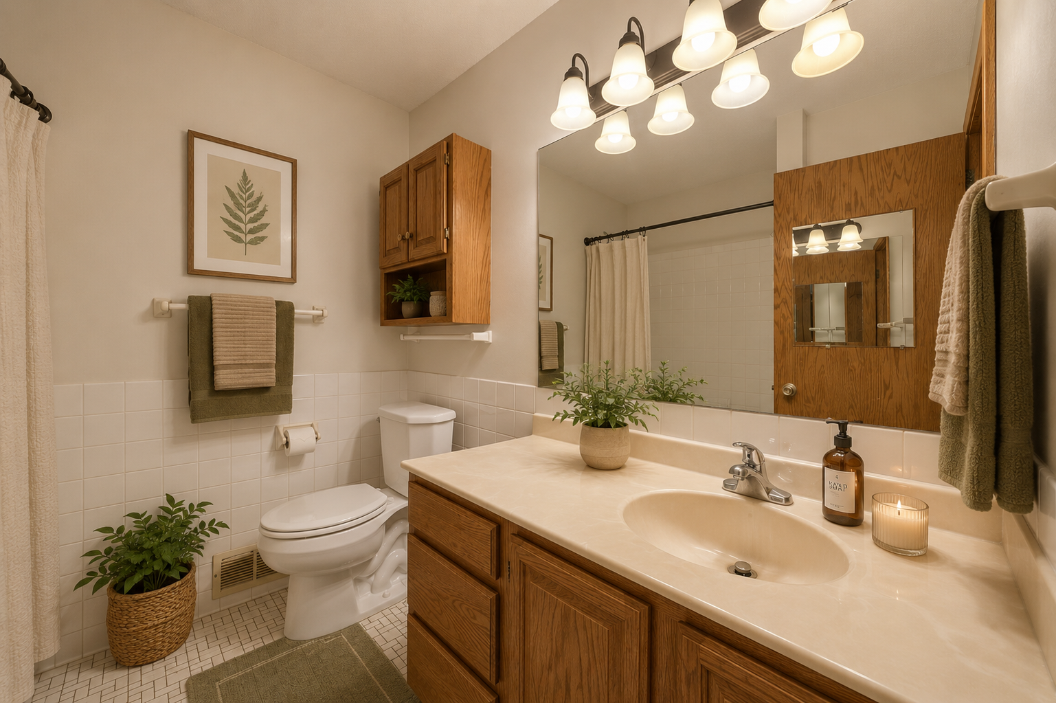 Up level full bathroom, with solid surface counters, lots of storage (virtually staged)