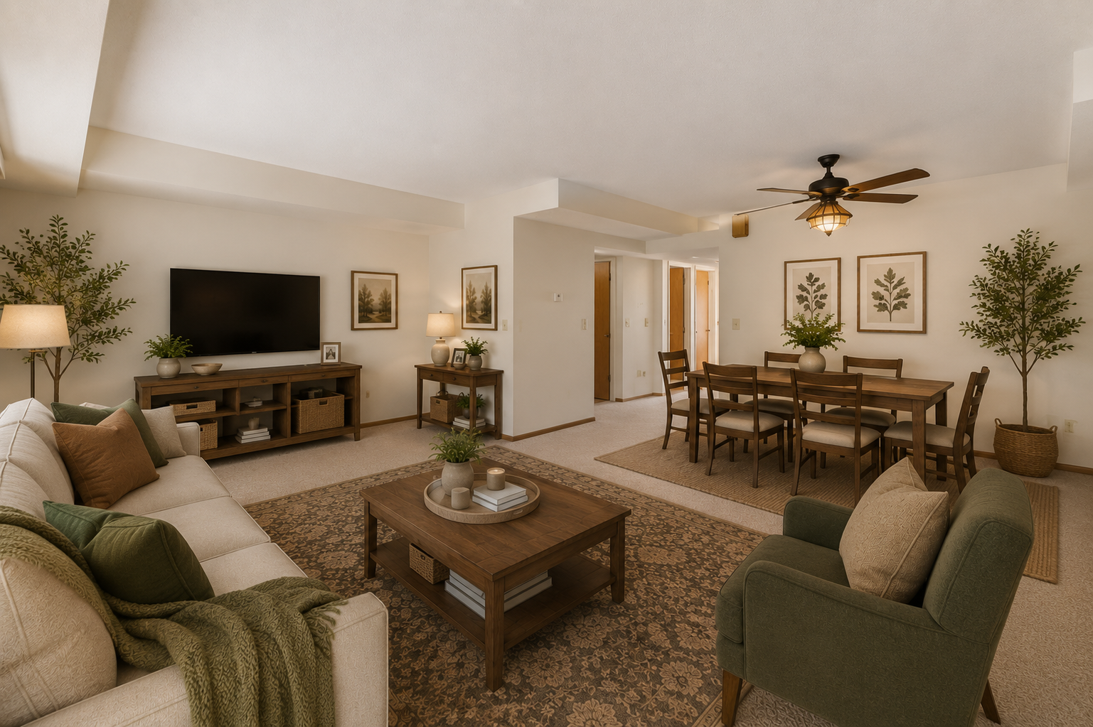 New carpet & paint throughout (2026), open concept living room & dining room space. Lots of natural sunlight, walkout level through oversized sliding glass door to backyard. Personal landscaping touches and bird feeders in back. (virtually staged)