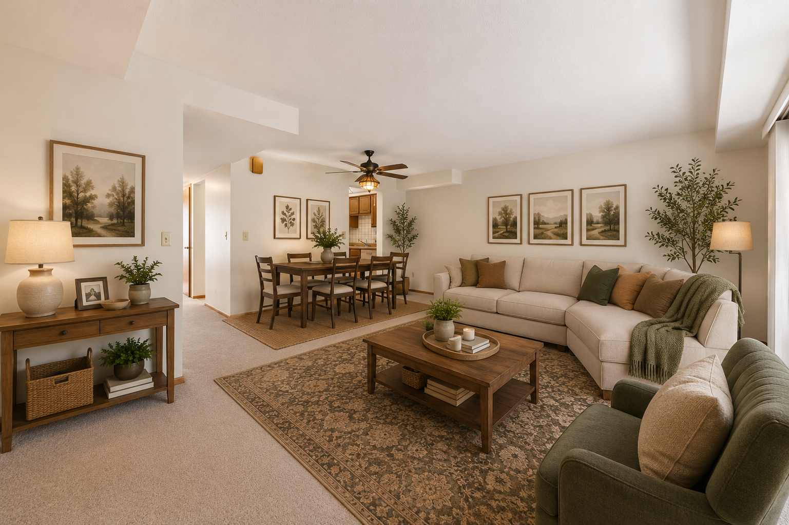 New carpet & paint throughout (2026), open concept living room & dining room space. Lots of natural sunlight, walkout level through oversized sliding glass door to backyard. Personal landscaping touches and bird feeders in back. (virtually staged)