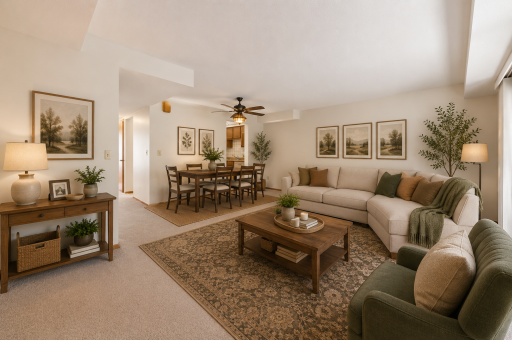New carpet & paint throughout (2026), open concept living room & dining room space. Lots of natural sunlight, walkout level through oversized sliding glass door to backyard. Personal landscaping touches and bird feeders in back. (virtually staged)