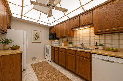Spacious kitchen with natural wood cabinets, informal eat in kitchen space. (virtually staged)