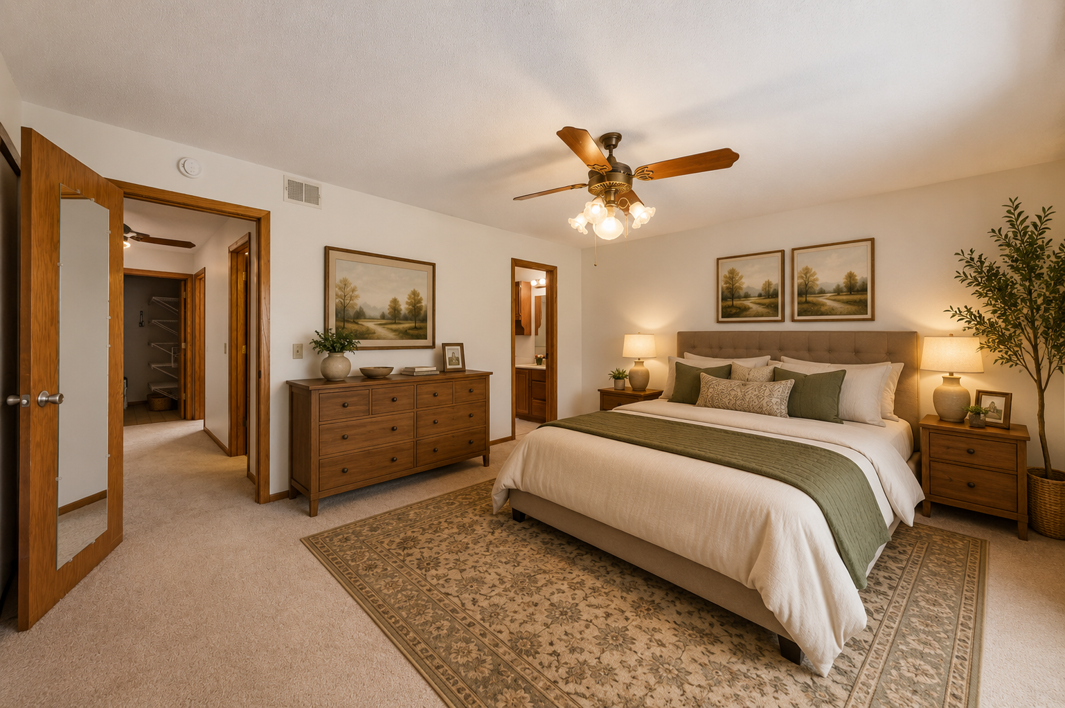 New carpet & paint throughout (2026), spacious owner suite (19x.12.3), double closets for added storage, private 3/4 bath. (virtually staged)