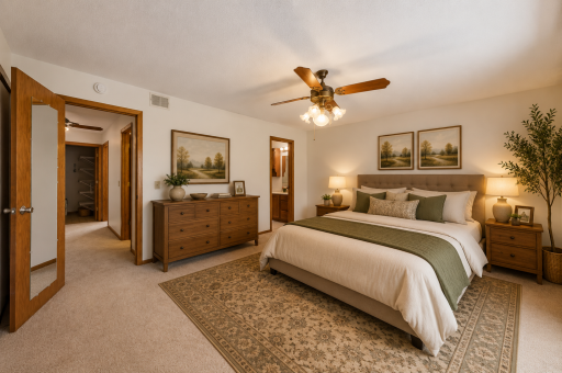 New carpet & paint throughout (2026), spacious owner suite (19x.12.3), double closets for added storage, private 3/4 bath. (virtually staged)