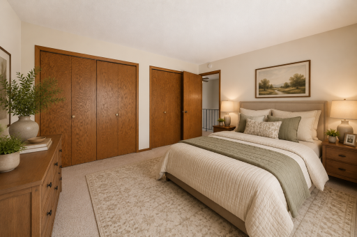Secondary bedroom with dual bi-fold closets, new carpet and paint throughout (2026). (virtually staged)