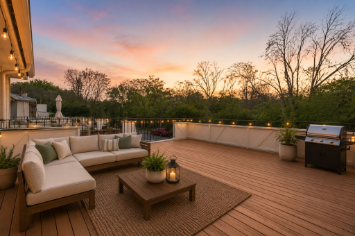 Recently stained LARGE deck space (21x19.4) overlooking nature space, great place for entertaining and hanging out and relaxing. (virtually staged)